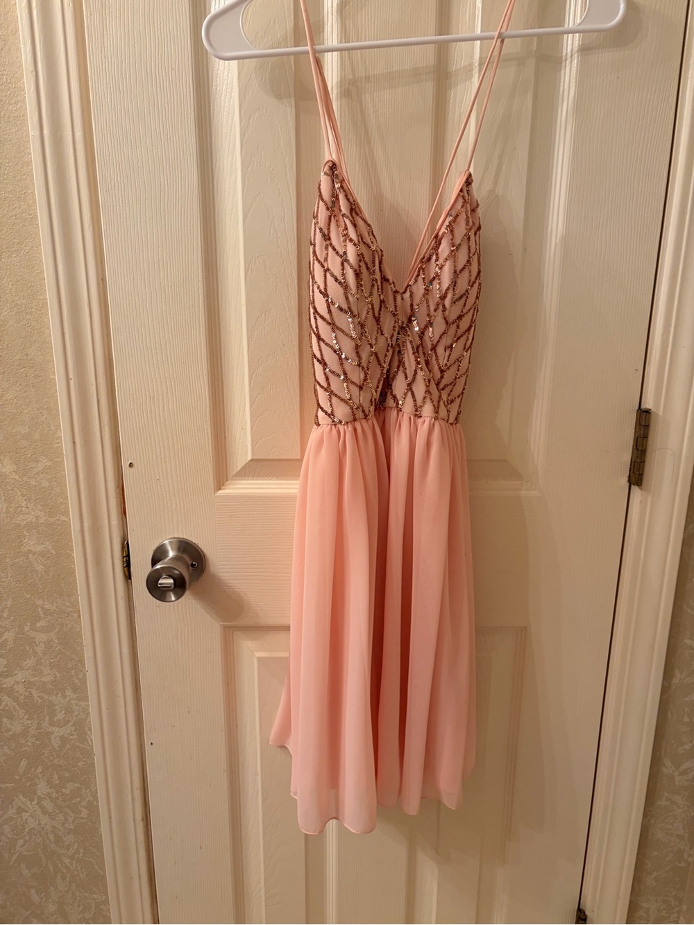 PromGirl Blush Pink Beaded V-Neck Mini Dress